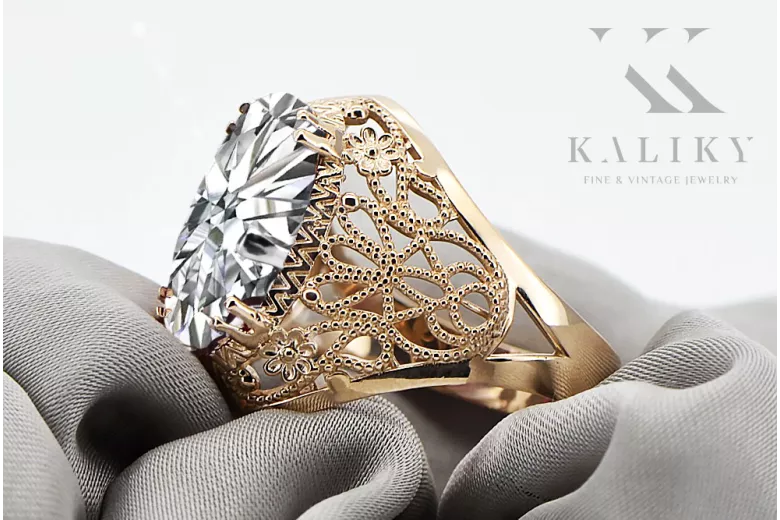 14k żółte złoto Cyrkonia Pierścionek Klasyczny Vintage vrc074y